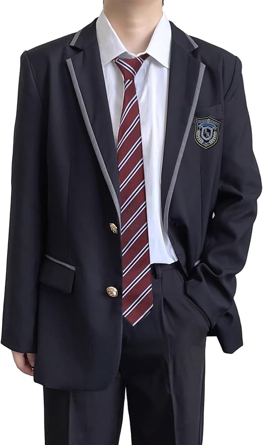  [Qichenk]  制服 メンズ コスプレ 高校生 5点セット 学生服 男子 スクール ブレザー シャツ ネクタイ エンブレム ズボン コスチューム 仮装 ユニセックス 卒業式 入学式 学園祭 文化祭 cos コス