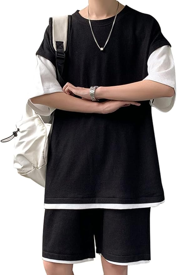  [JIAYBL]  tシャツ メンズ 半袖 上下 セット 夏服 ゆったり ジャージ メンズ 上下 ハーフパンツ セットアップ メンズ 無地 スウェット メンズ 上下セット フェイク レイヤード おしゃれ 大きいサイズ