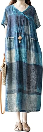  [AOLIPT]  ワンピース レディース ロングワンピース 夏 チェック柄 綿麻 リネンワンピース ロング丈 半袖 Vネック ゆったり マキシワンピース 大きいサイズ 着痩せ ナチュラル