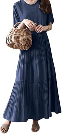  [FEISEDY]  ワンピース レディース 大きいサイズ ゆったり 知的 丸首半袖 無地 着瘦せ ロング ワンピース おしゃれ カジュアル エレガント シフォン ドレス 夏 A8107