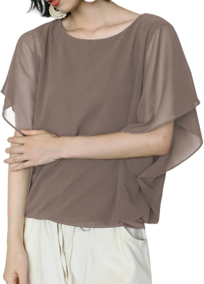  [MEME XTRA]  メメエクストラ ブラウス レディース 半袖 シャツ カットソー オフィス 夏 春 シフォン フリル フレア トップス tシャツ 夏服 裏地付 ドルマン おしゃれ 大きいサイズ ゆったり 無地 かわいい キレイめ ジョーゼット 上品