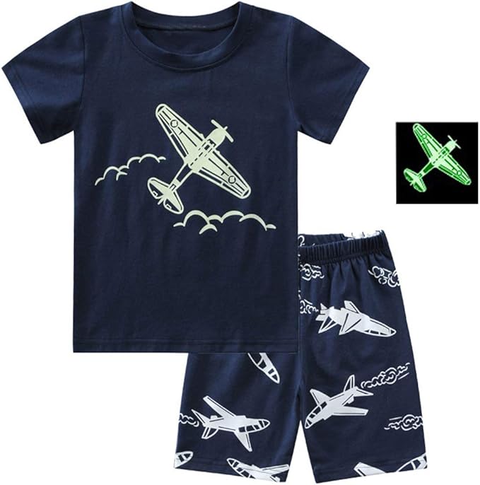  [Enfants Cheris]  子供パジャマ 男の子 上下セット 半袖Tシャツ+半ズボン キッズ 部屋着 恐竜/光る飛行機/サメ/消防車/柄 綿 ルームウェア 夏 キャラクター90100110120130140