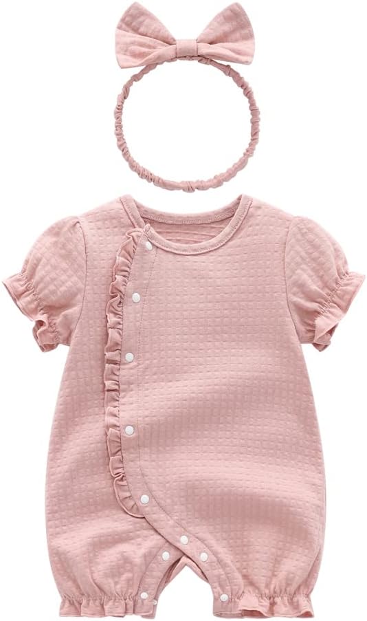  [Baby koi]  ベビー服半袖夏服カバーオール前開き髪飾り女の子ロンパース赤ちゃん出産準備ガールズカジュアル普段着お宮参り七五三バースデー贈り物無地