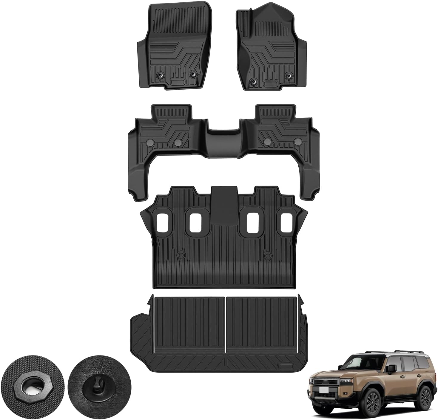 Kotesoto トヨタ ランドクルーザー250系 7人乗り フロアマット ランクル250 セカンドマット Land Cruiser250 トランクマット GDJ250W 3D立体 TRJ250W 耐汚れ カーゴ TPE素材 防水 滑り止め アクセサリー 内装 車種専用設計 取付簡単 フルセット (バックパッドなし)