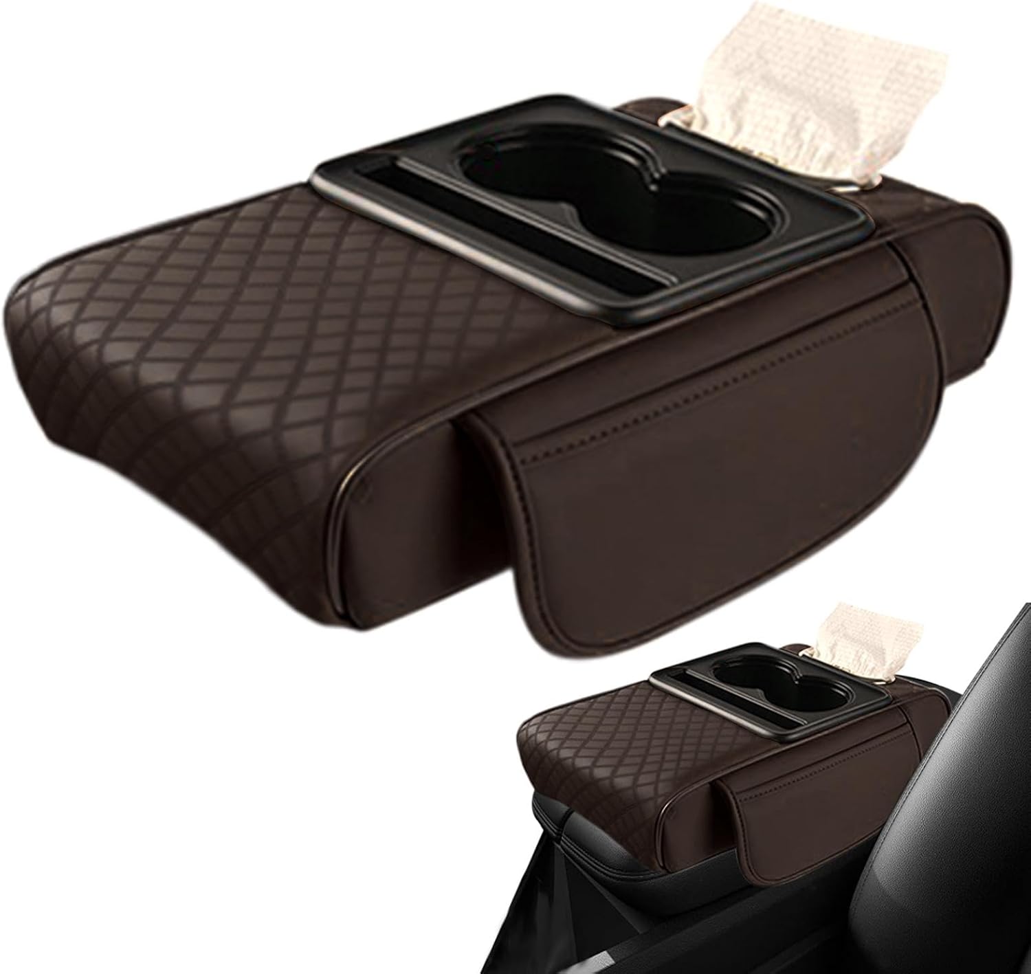 カップホルダー付きセンターコンソールカバー - カップホルダー付きカーセンターコンソールオーガナイザー , 自動車トラック用ソフトオートセンターコンソールアームレストピロー