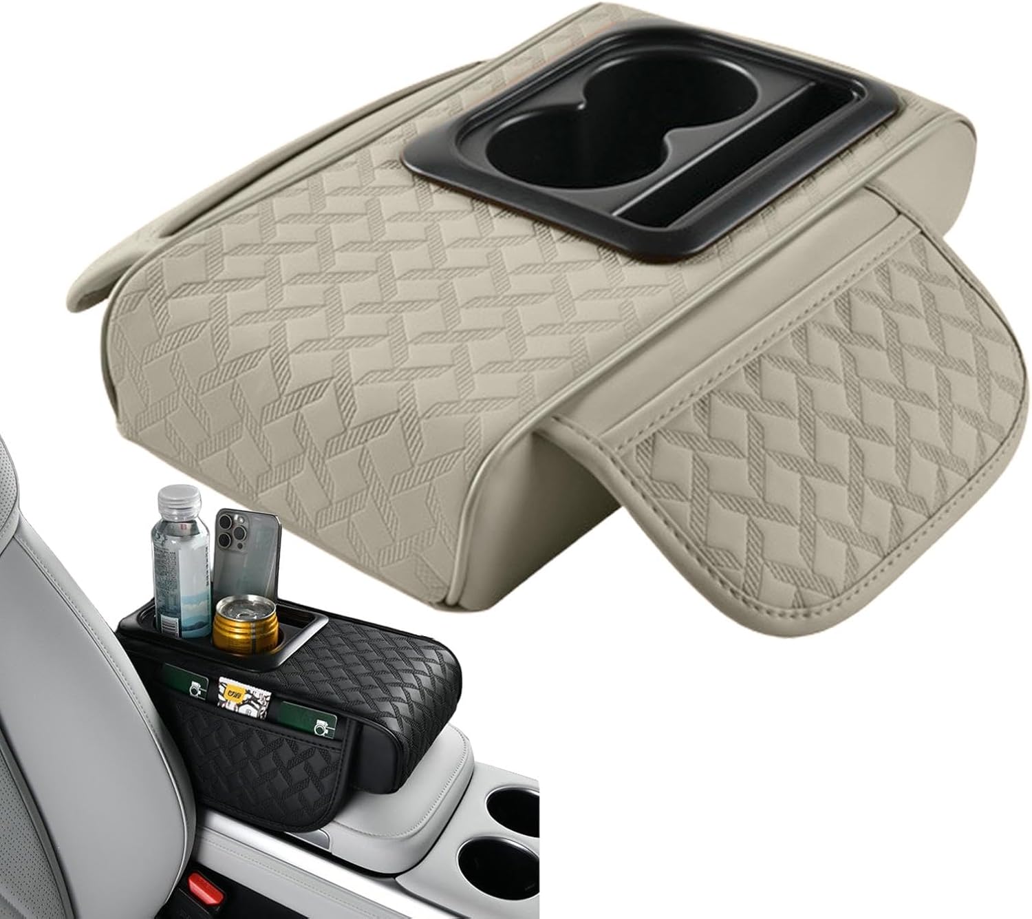 カーコンソールカバー、中央のコンソールカバー,レザーアームレスト収納ボックスカップホルダー - 携帯電話ホルダー、センターコンソール用のアームレストカバープロテクター、車のインテリアアクセサリー